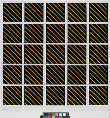 An abstract color photo of five rows of five squares, each square featuring thing yellow, diagonal lines on a black background.