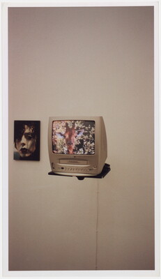 A color photograph of a photograph of a person's face mounted on a wall next to an old-style tv/VCR color screen on a shelf showing the head of a giraffe.