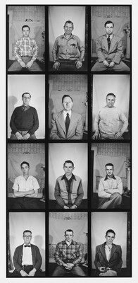 A black-and-white photograph of a grid of 12 studio portraits of White men in various types of dress in front of a backdrop.