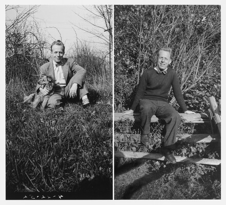 Two black-and-white photographs (L-R): a White man in a jacket and bowtie sitting in a field with a dog; a White man sitting on a split-rail fence. 