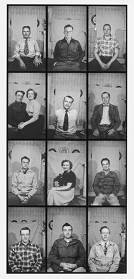 A black-and-white photograph of a grid of 12 studio portraits of mostly White men in various types of dress in front of a backdrop; one photo features a woman sitting on a man's lap, and another a woman seated casually in a chair.