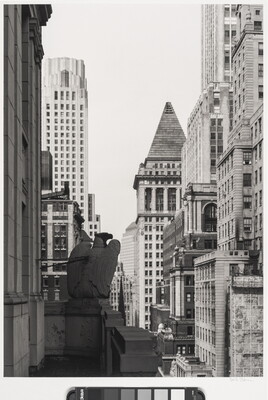 A black-and-white photograph of a cityscape taken from a balcony with a sculpted eagle atop the corner of the balustrade, skyscrapers rising around it.