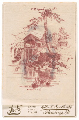 A black-and-white photograph of a person overlayed with a drawing in red of a bridge overlooking a river.