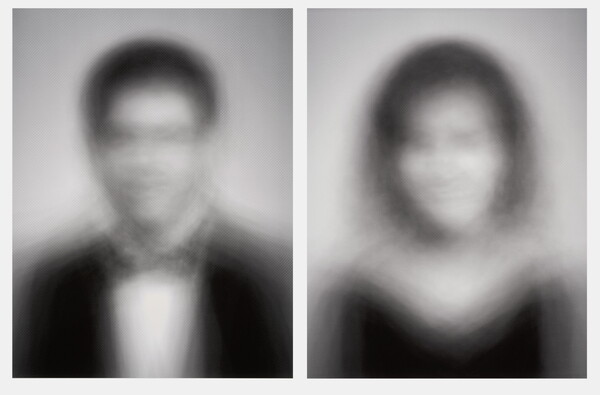 Two blurry black-and-white photographs of yearbook pictures of a White man and a White woman.