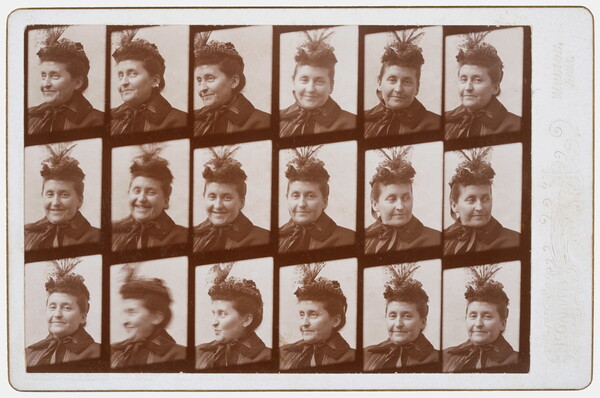 A black-and-white studio photograph of a grid of 18 portraits of a White woman wearing a fancy hat and different expressions in each picture.