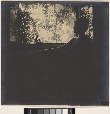 A black-and-white photograph of a silhouette of a woman in profile in front of a garden window.