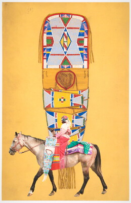 A color photograph of a Native American woman in traditional dress on horseback, overlaid onto a decorative, cultural object against a yellow background.