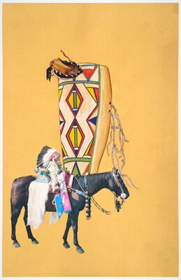 A color photograph of an Indigenous child wearing a full feathered headdress sitting on a horse; in the background, a drawing of a traditional drum covered with painted designs.