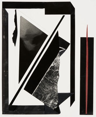 An abstract color photograph of black shapes and lines of varying textures that create a sort of box on a white background; a single red line cuts through a vertically-oriented black rectangle on the right side.