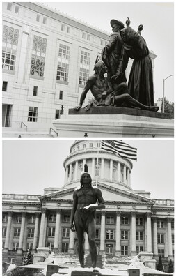 Two black-and-white photographs, one above the other, of Native American statues in front of government buildings.