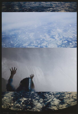 A color photograph collage of four tightly cropped images (T-B): a dark sky with gray clouds; a blue sky with white clouds; a person raising their arms up to a gray sky; a deep blue sky with fluffy white clouds.