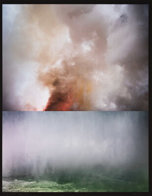 A color photograph collage of two images (T-B): thick smoke rising from a fire; heavy rain pelting a green landscape.