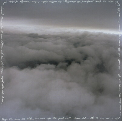A square, monochromatic photograph of clouds seen from above with the title words written in white around the perimeter.