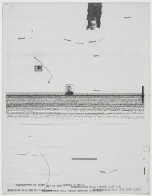 An abstract black-and-white photograph of a torn photo of a child looking down toward random typed words, a bar of black and white static lines with the headshot of a man, and a series of typed words at the bottom.