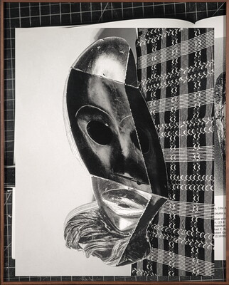 A black-and-white photograph of the left, or verso, page of a book with a human-like robot face on a plaid background popping up.