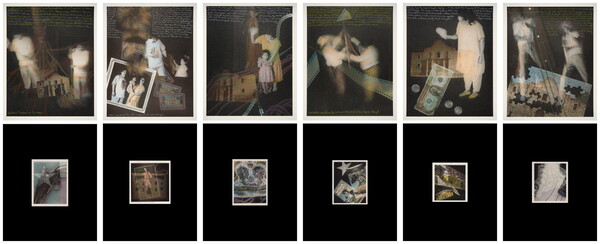 A collage of 12 color photographs: the top six include ghostly figures, words, and images of the Alamo; the bottom six are small still lifes of a variety of objects.