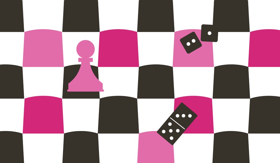 Pink, black, and white checkerboard with a pink chess pawn, a black domino, and two black dice.