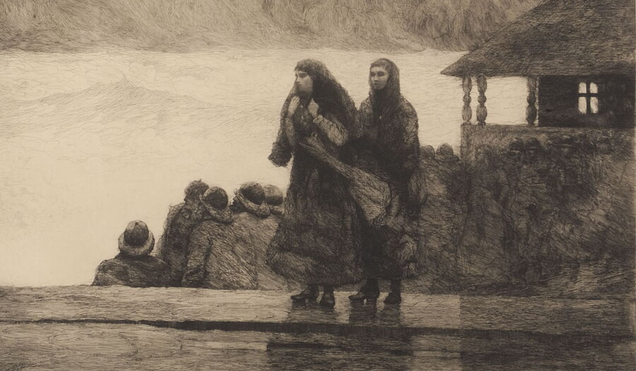 A black-and-white print of two bundled-up women standing on a platform as behind them, a group of men in hard hats look at something in the distance.