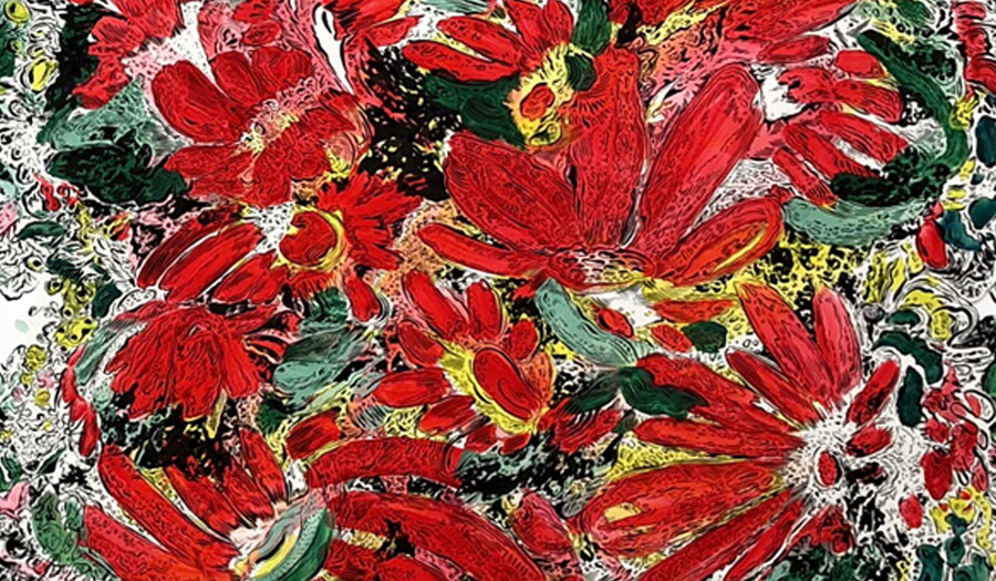 A detail of a detailed drawing of mostly red flowers with green leaves and stems and yellow highlights.