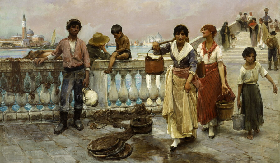 A painting of two women and a girl carrying buckets of water across a busy bridge while a man with a pitcher watches.