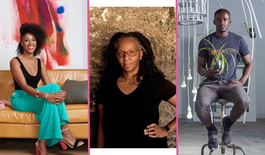 A collage of headshots of three artists (L-R): Maya Freelon, Letitia Huckaby, Jeffrey Meris.