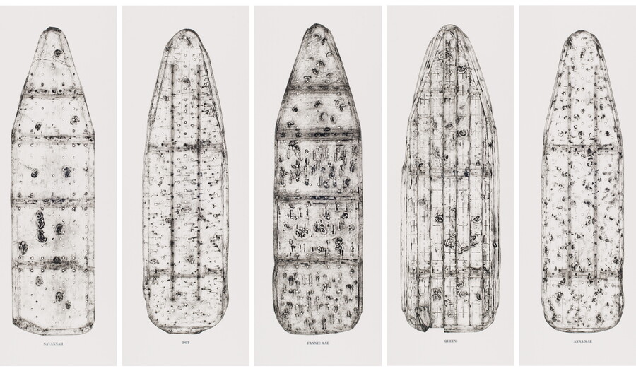 A collage of five prints of ironing board tops showing dents, cracks, and holes as well as outlines of their structures.