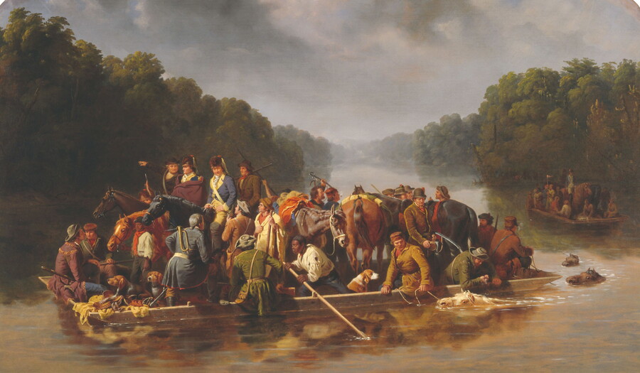 A painting of a group of men, horses, and dogs crowded onto a barge crossing a river as several horses swim alongside and behind the barge.
