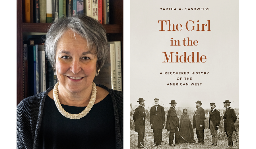 A collage of two images: On the left, the headshot of an older White woman; on the right, a book cover for &quot;The Girl in the Middle.&quot;