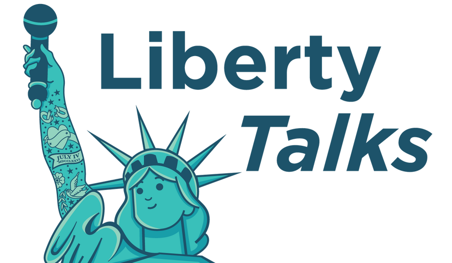 A cartoon-like graphic of the Statue of Liberty holding up a microphone showing her tattooed arm.