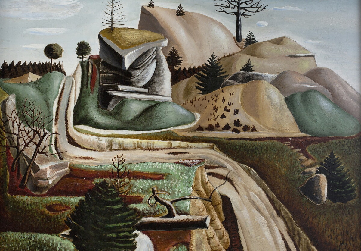 An abstract painting of hills and rocky outcrops with sparse vegetation.