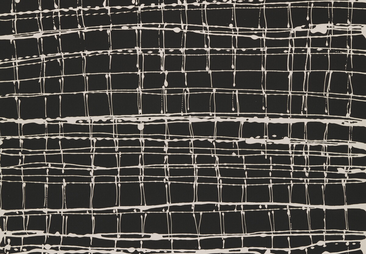 An abstract black-and-white print of a grid of white lines on a black background.