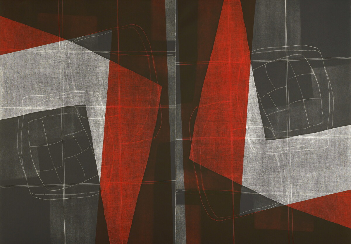 An abstract, geometric print in red, black, and gray.