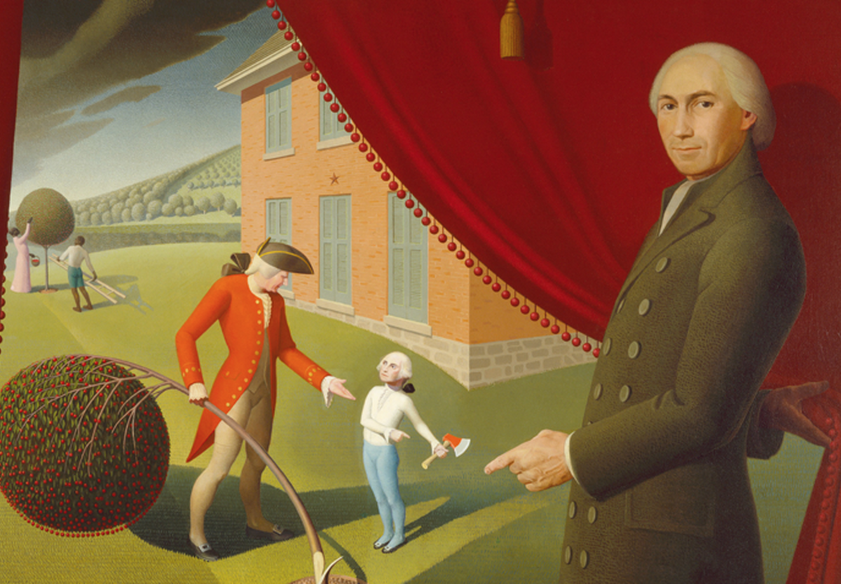 An oil painting of a man pulling back a red curtain to reveal an outdoor scene of a small George Washington holding a hatchet near a damaged cherry tree and a taller man next to him gesturing angrily toward the damaged tree.