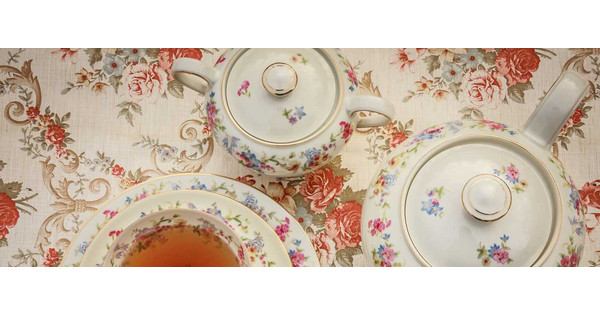 Floral teacups and saucers.