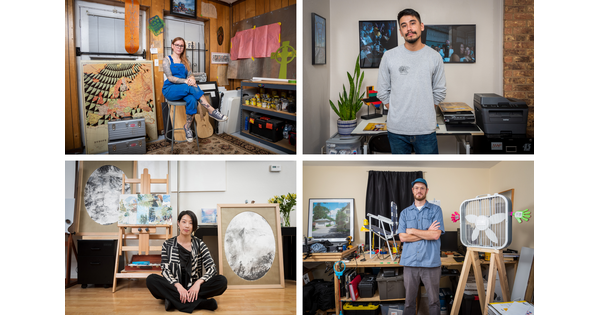 Four photographs of the 2019-20 Carter Community Artists in their studios. 