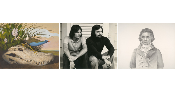 Two artworks by Scott and Stuart Gentling and a photo of the brothers.
