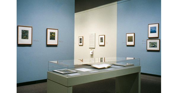 Photo of exhibition shows a case in the foreground containing several books and framed photographs on the blue and white walls in the background.