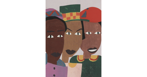 Painting of three stylized dark-skinned women; each wears a different color top and hat.