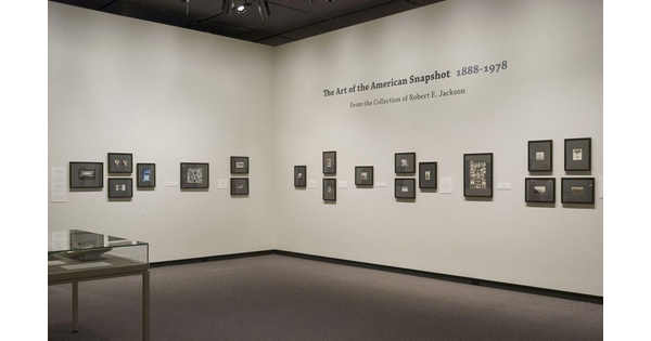 View of a gallery featuring framed photos hanging on a cream wall. A glass display case sits in the room on the left.