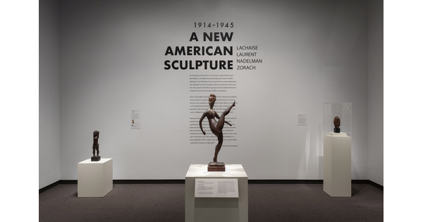 Exhibition title wall; in front of the wall are three pedestals with sculptures on them; the pedestal on the far right has a glass covering over the sculpture.