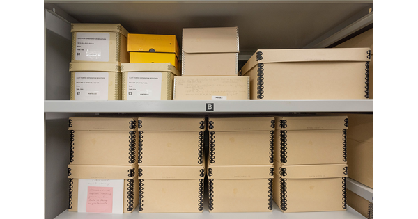 Storage shelves with acid-free boxes in various sizes. 