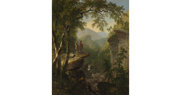 Painting showing two men standing on a large rock looking out over a wooded, mountainous landscape; below them and in the distance is a waterfall and a river.