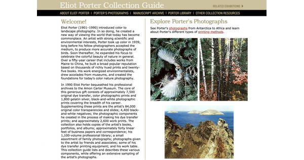Screenshot from the Eliot Porter Collection Guide website.