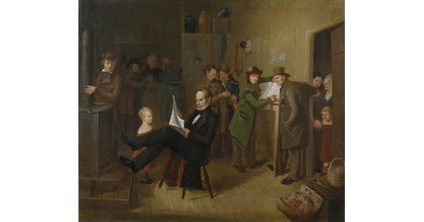 Painting of a group of people gathered in a small room; the man in the center is dressed in a black suit and sits leaning back in a chair reading a newspaper.