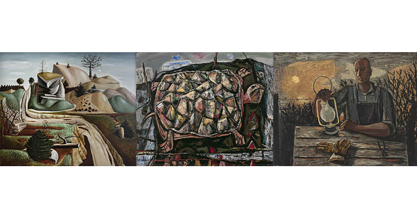 paintings of a landscape, turtle, and man with lantern