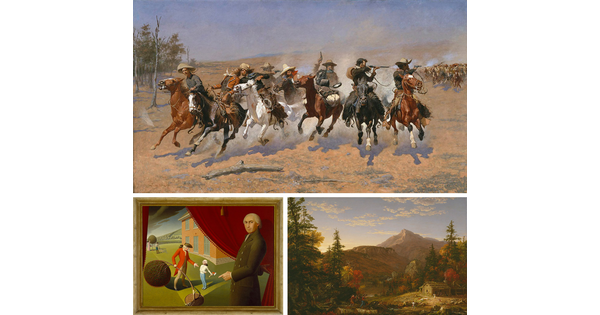 Collaged image of three artworks: The top one shows cowboys riding running horses; bottom left show a young George Washington chopping down a cherry tree; bottom right shows a mountainous landscape scene.