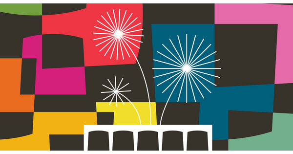 A white silhouette of the Carter building on a multicolored background with stylized fireworks in the sky.