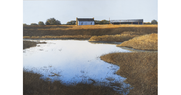 A watercolor painting of a swampy pond surrounded by gold grass with a white barn in the distance.