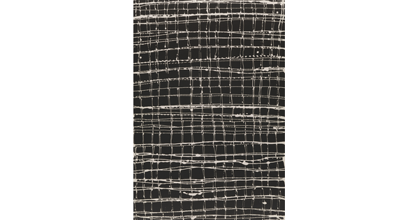 An abstract black-and-white print of a grid of white lines on a black background.
