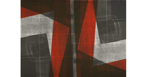 An abstract, geometric print in red, black, and gray.